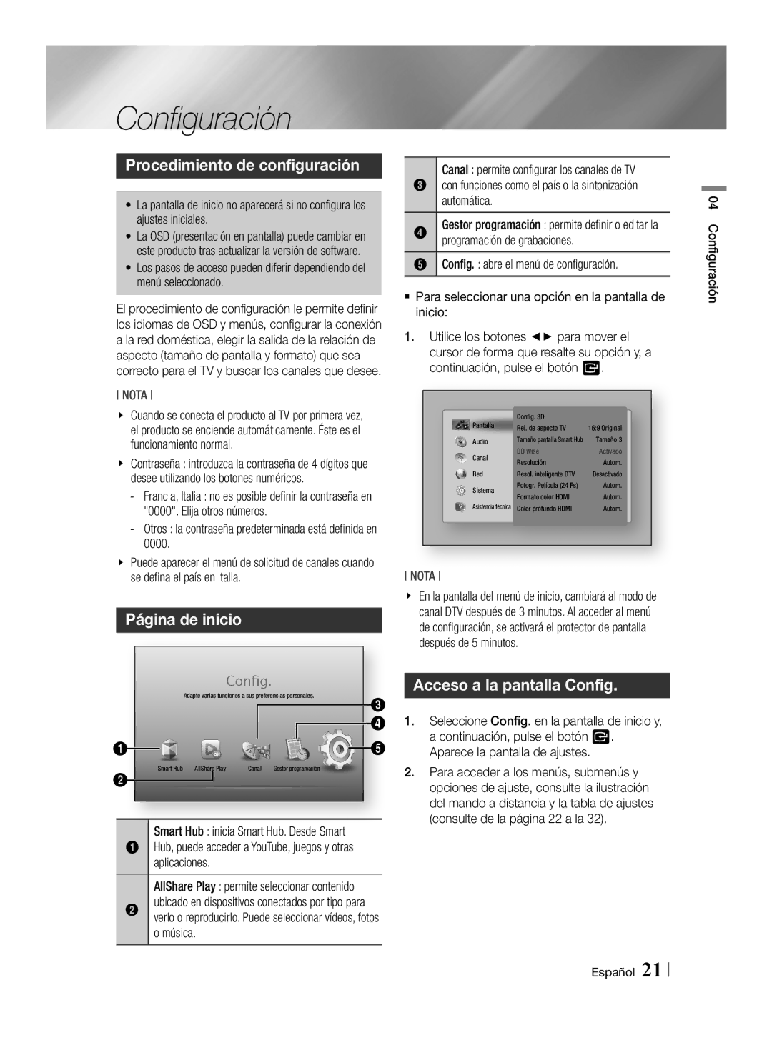 Samsung BD-E8300/ZF manual Configuración, Procedimiento de configuración, Página de inicio, Acceso a la pantalla Config 