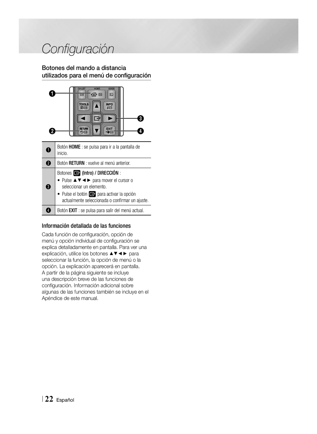 Samsung BD-E8300/EN manual Información detallada de las funciones, Botones v Intro / Dirección, Seleccionar un elemento 