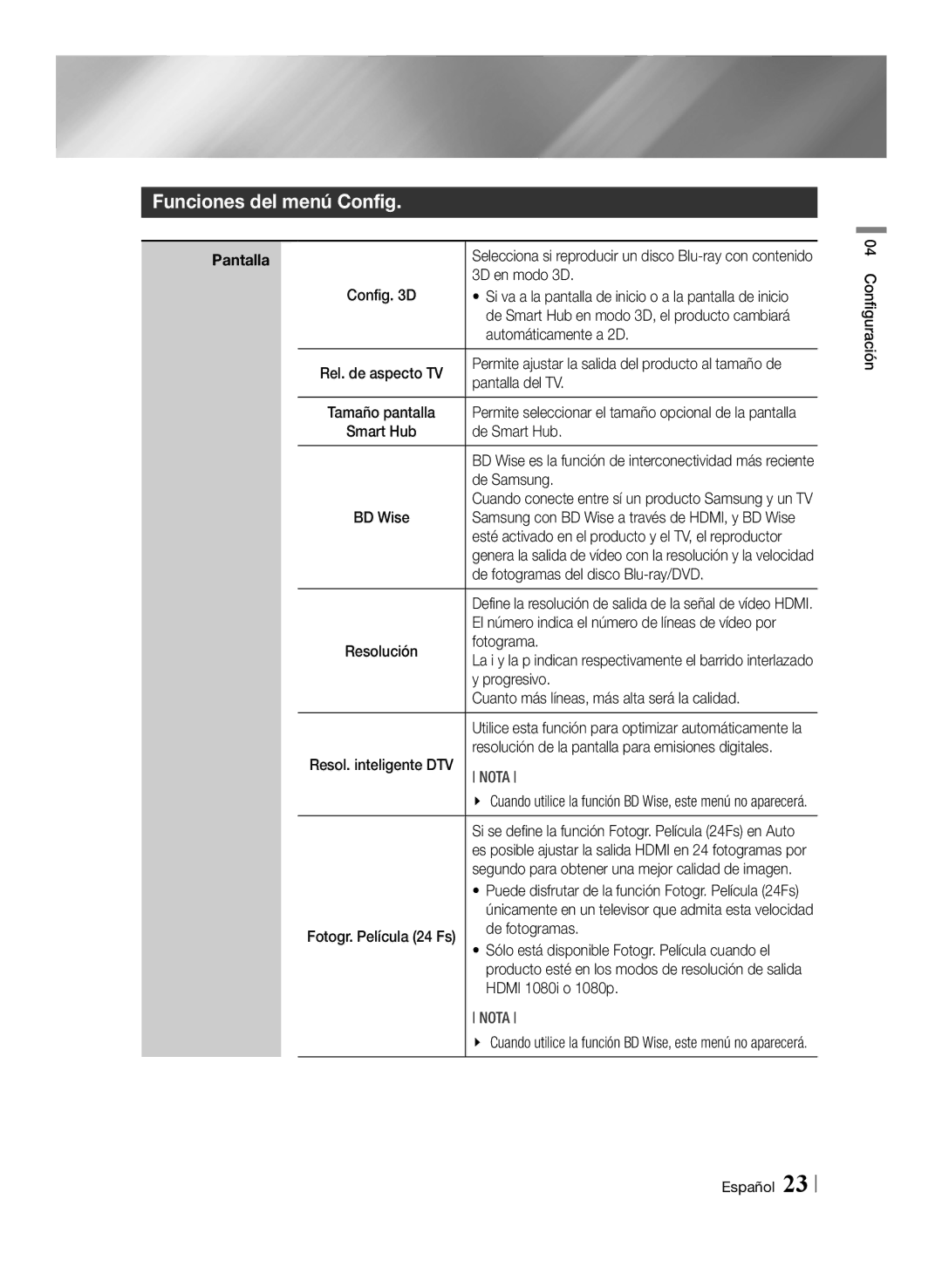 Samsung BD-E8900/ZF, BD-E8300/EN, BD-E8500/ZF, BD-E8300/ZF manual Funciones del menú Config 