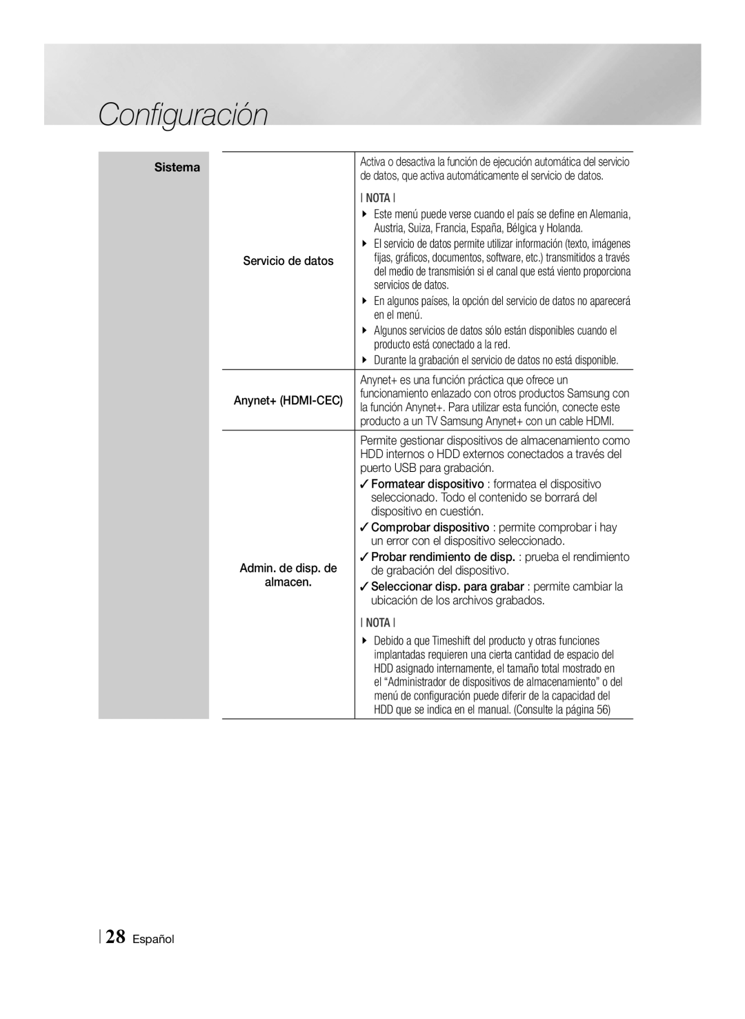 Samsung BD-E8500/ZF manual Servicios de datos, En el menú, Producto está conectado a la red, Puerto USB para grabación 