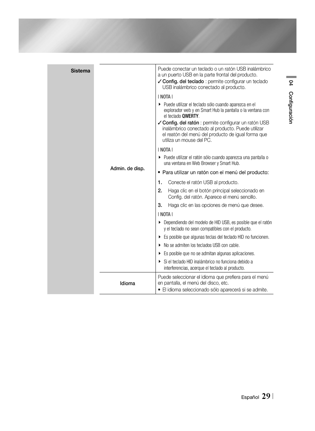 Samsung BD-E8300/ZF manual Un puerto USB en la parte frontal del producto, USB inalámbrico conectado al producto, Idioma 