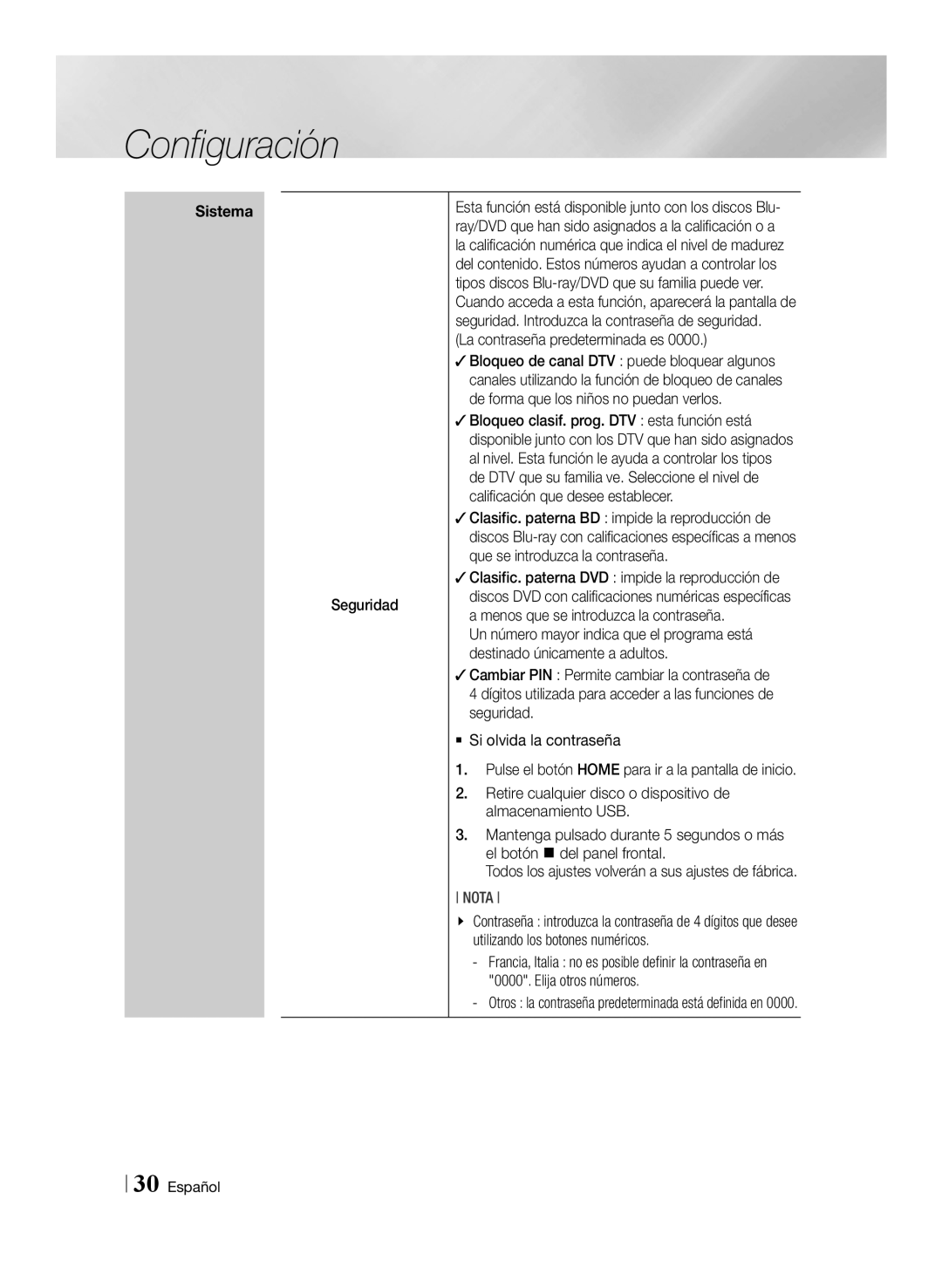 Samsung BD-E8300/EN, BD-E8900/ZF, BD-E8500/ZF, BD-E8300/ZF manual Seguridad, La contraseña predeterminada es 