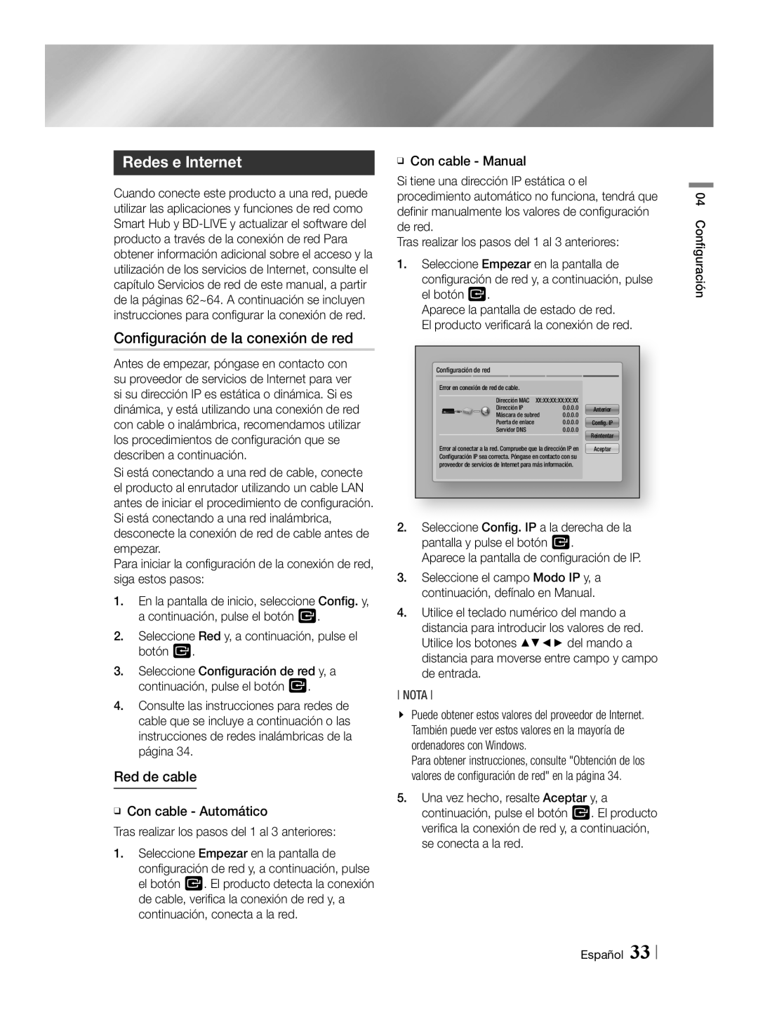 Samsung BD-E8300/ZF, BD-E8300/EN, BD-E8900/ZF manual Redes e Internet, Configuración de la conexión de red, Red de cable 