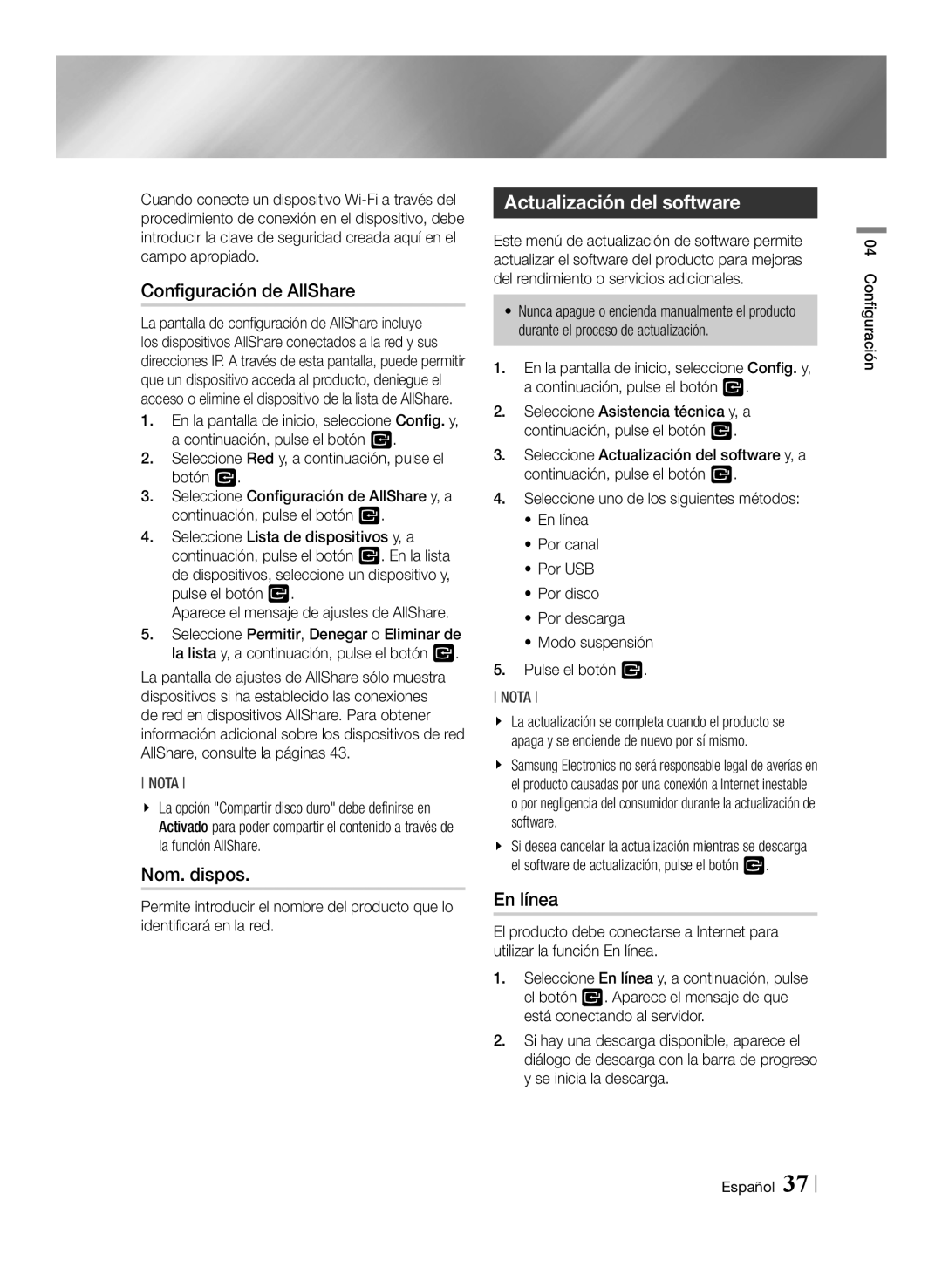 Samsung BD-E8300/ZF, BD-E8300/EN, BD-E8900/ZF Configuración de AllShare, Nom. dispos, Actualización del software, En línea 