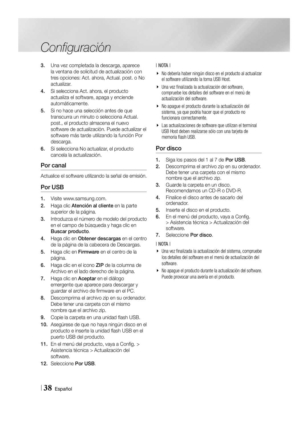 Samsung BD-E8300/EN, BD-E8900/ZF manual Por canal, Por USB, Por disco, Haga clic en Firmware en el centro de la página 