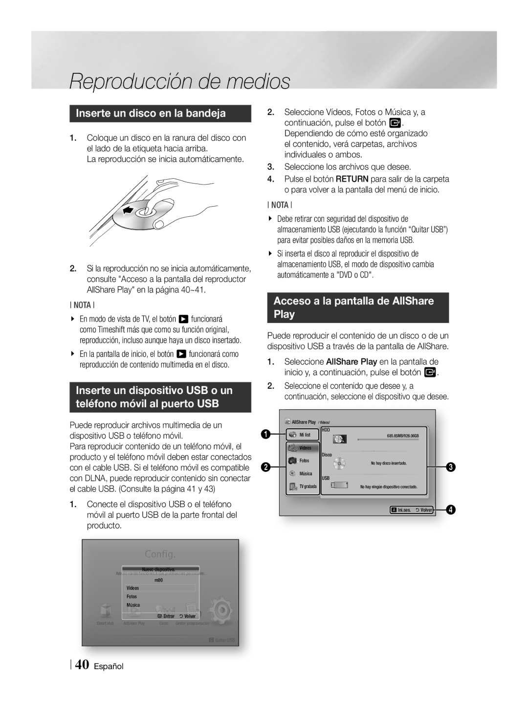 Samsung BD-E8500/ZF manual Reproducción de medios, Inserte un disco en la bandeja, Acceso a la pantalla de AllShare Play 