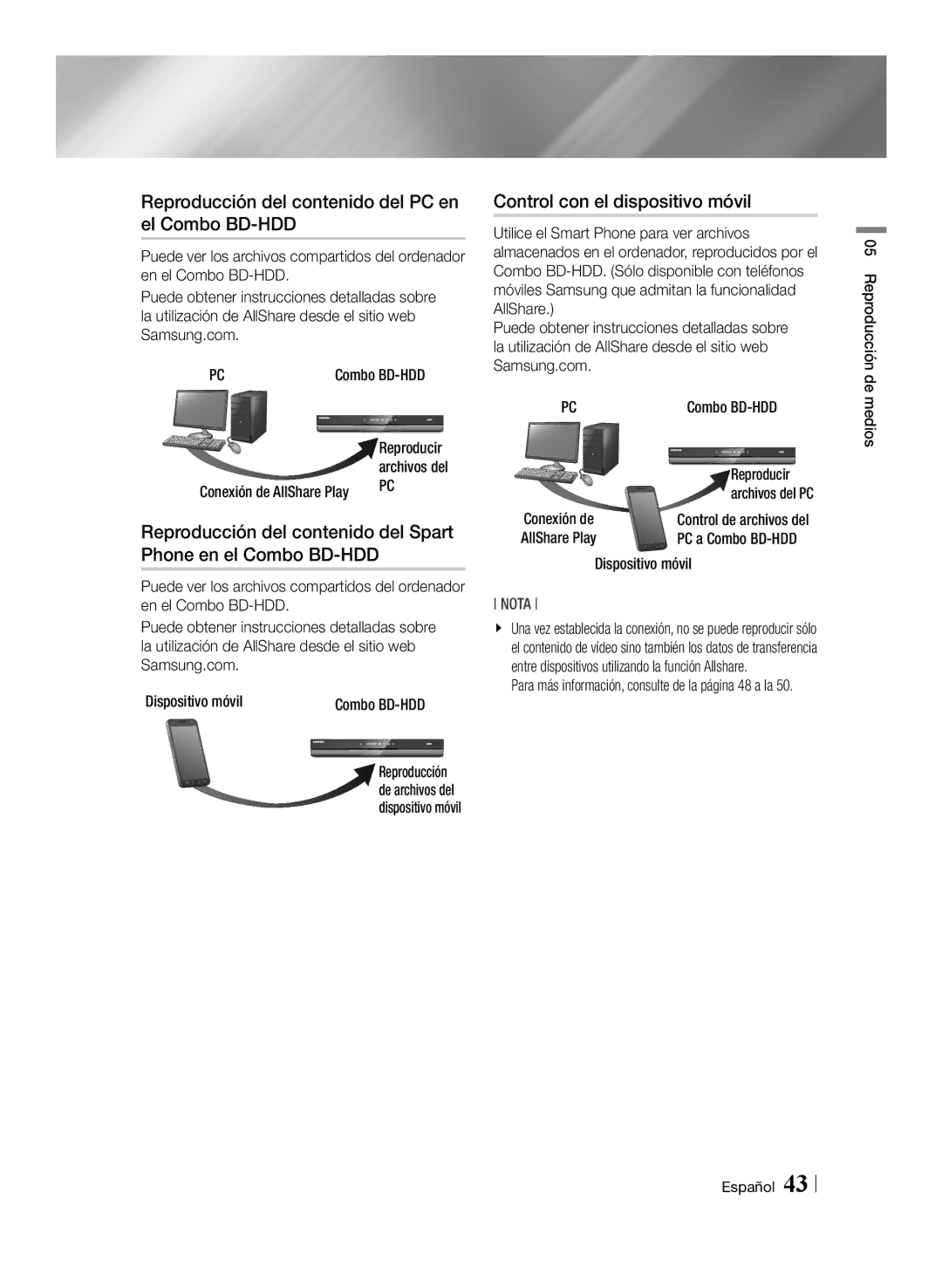 Samsung BD-E8900/ZF, BD-E8300/EN Reproducción del contenido del PC en el Combo BD-HDD, Control con el dispositivo móvil 