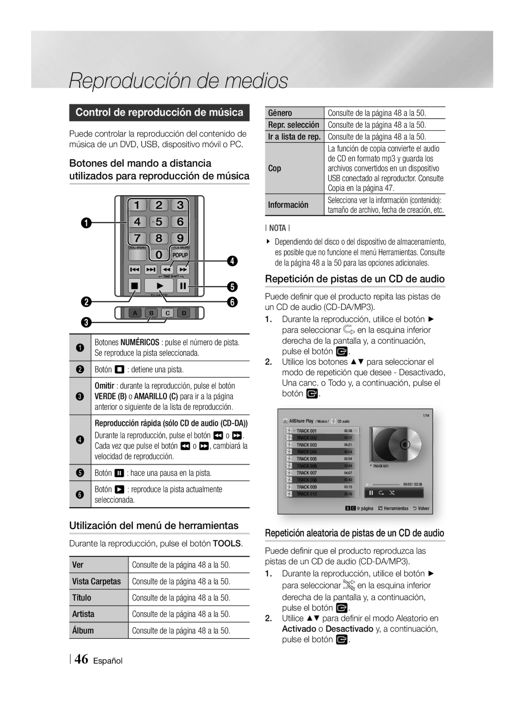 Samsung BD-E8300/EN, BD-E8900/ZF, BD-E8500/ZF Control de reproducción de música, Repetición de pistas de un CD de audio 