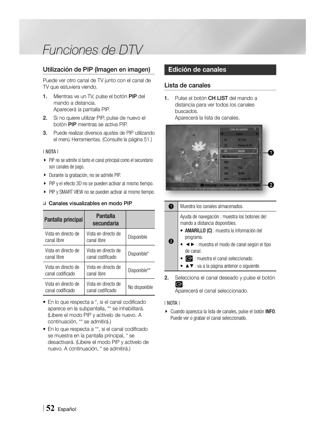 Samsung BD-E8500/ZF manual Utilización de PIP Imagen en imagen, Edición de canales, Lista de canales, Pantalla Secundaria 