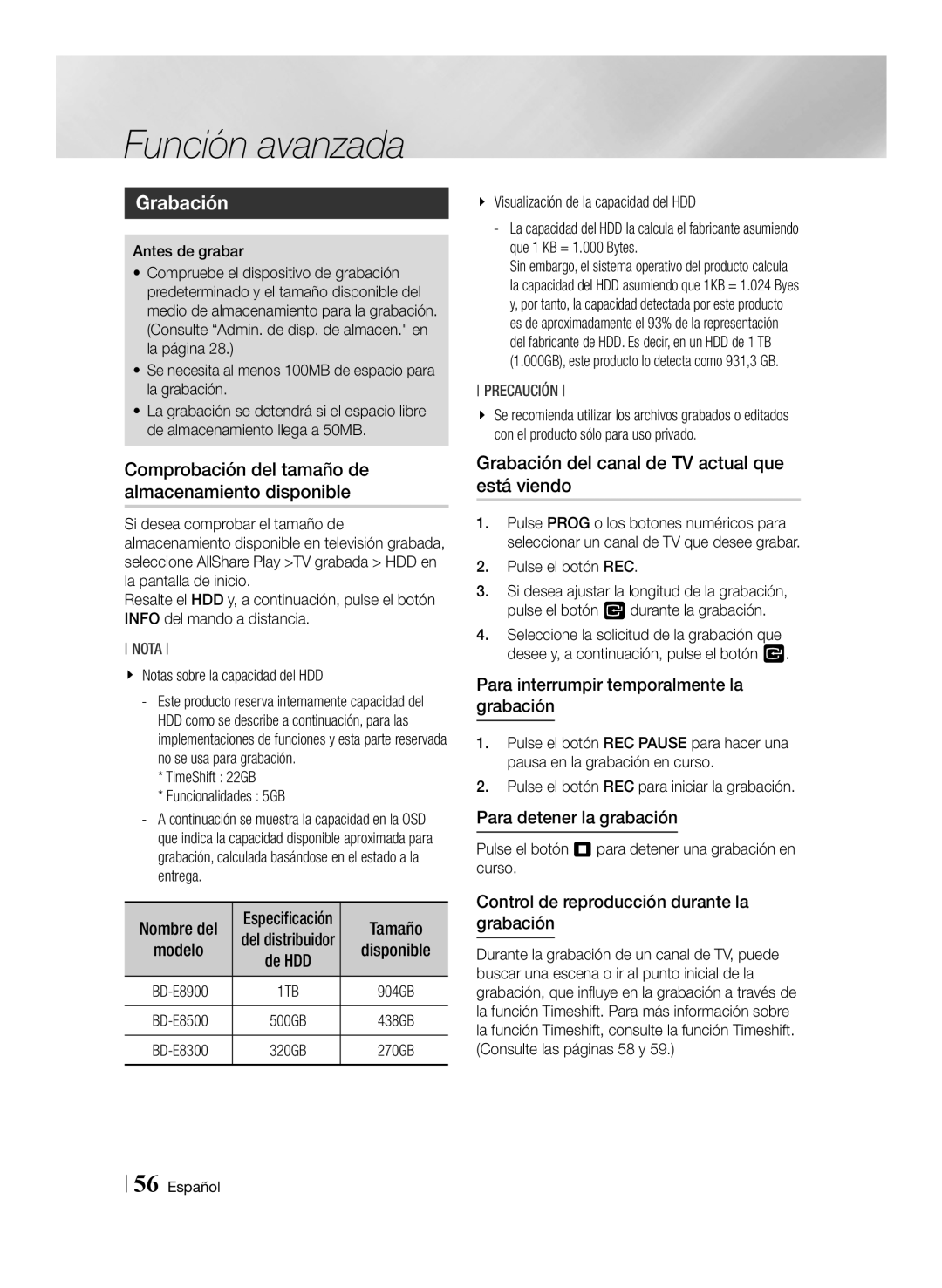 Samsung BD-E8500/ZF, BD-E8300/EN manual Función avanzada, Grabación, Comprobación del tamaño de almacenamiento disponible 