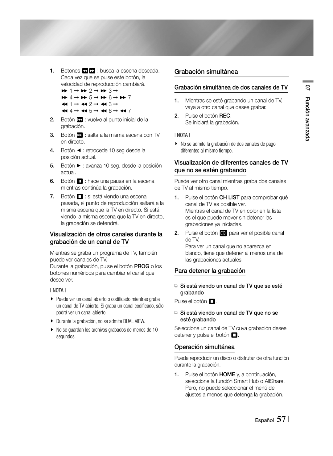 Samsung BD-E8300/ZF manual Grabación simultánea de dos canales de TV, Operación simultánea, Función avanzada Español 