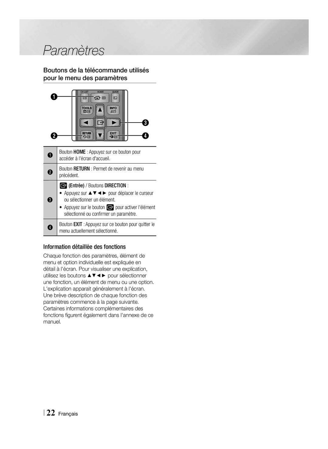 Samsung BD-E8500/ZF, BD-E8300/EN, BD-E8900/ZF manual Information détaillée des fonctions, Menu actuellement sélectionné 