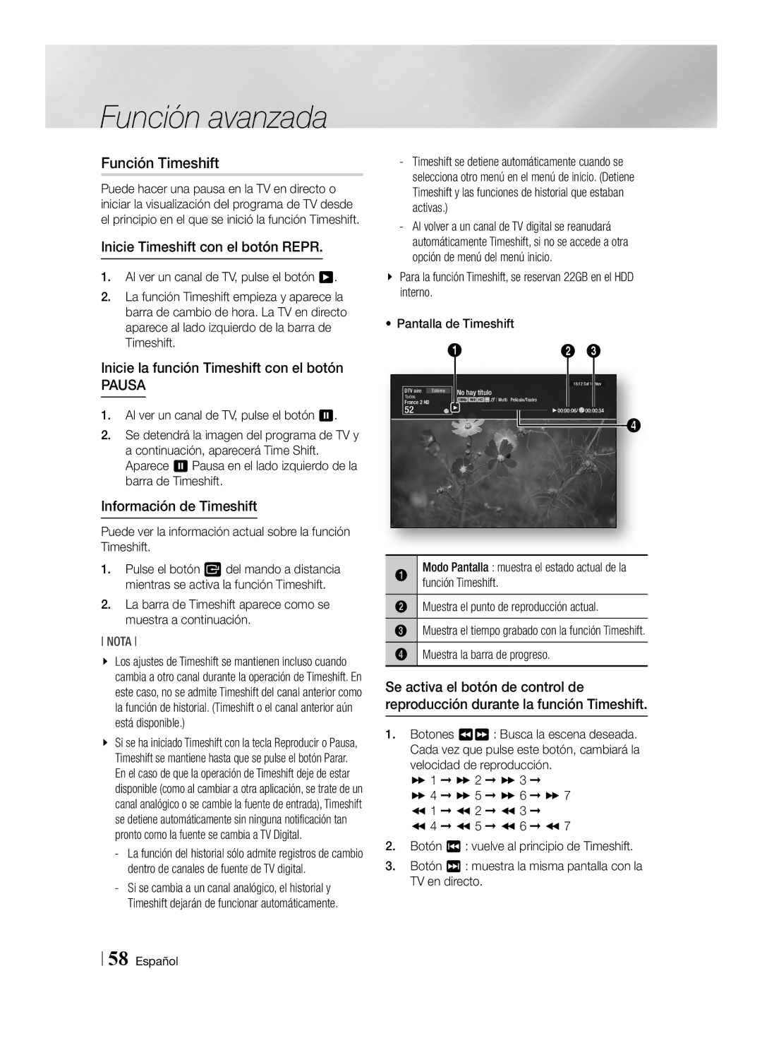 Samsung BD-E8300/EN manual Función Timeshift, Inicie Timeshift con el botón Repr, Inicie la función Timeshift con el botón 