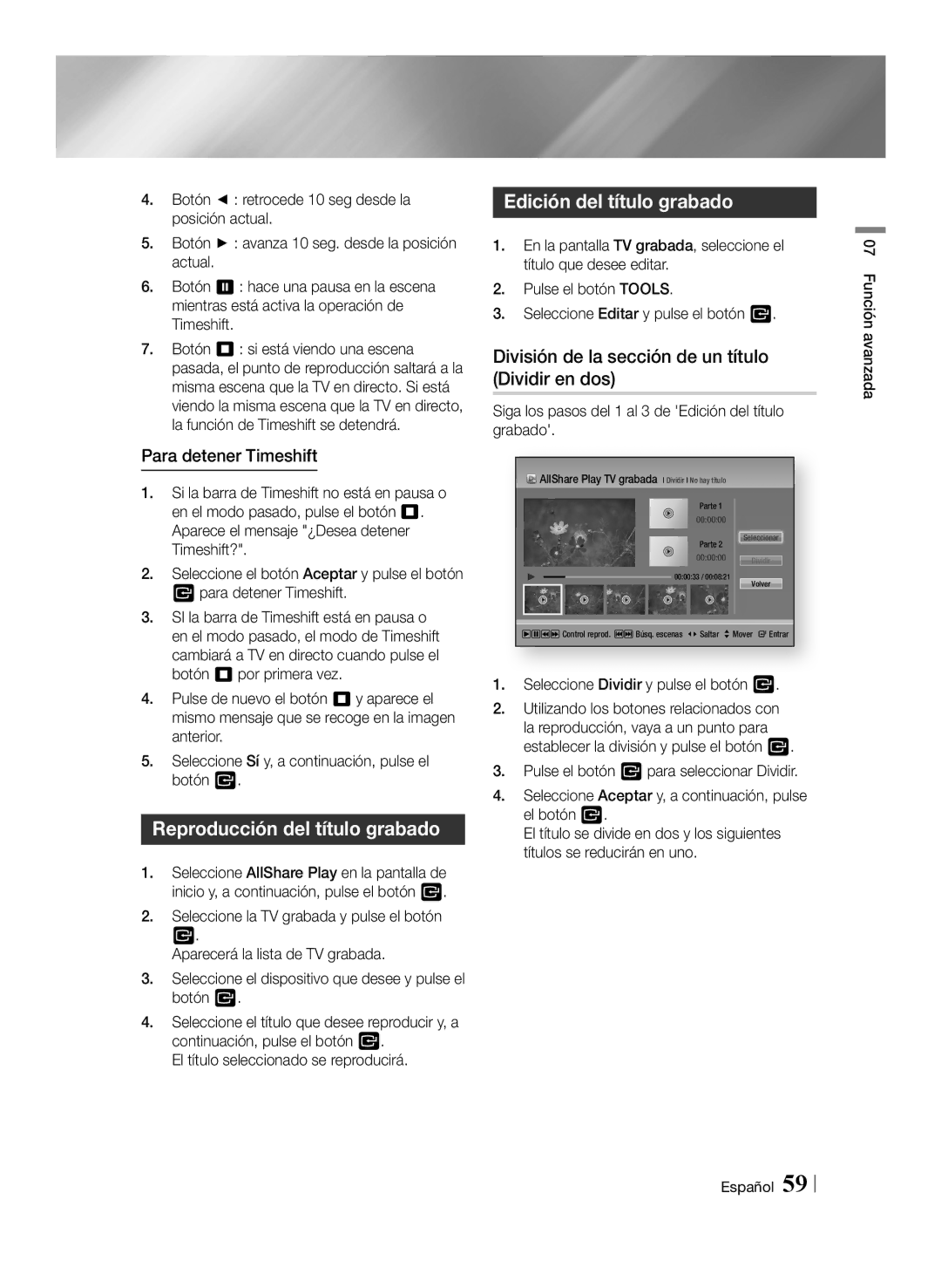 Samsung BD-E8900/ZF, BD-E8300/EN manual Reproducción del título grabado, Edición del título grabado, Para detener Timeshift 