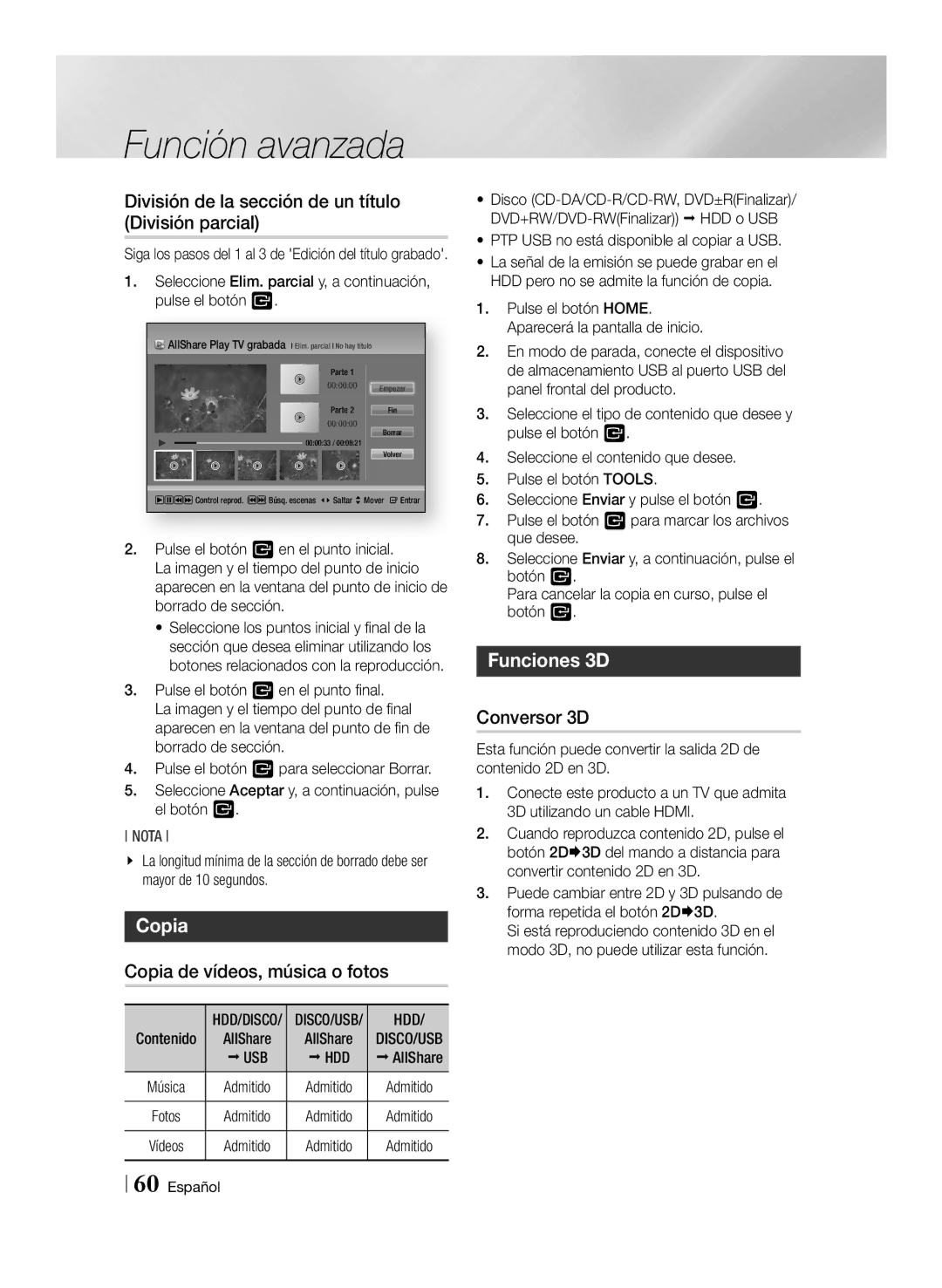 Samsung BD-E8500/ZF División de la sección de un título División parcial, Copia de vídeos, música o fotos, Funciones 3D 