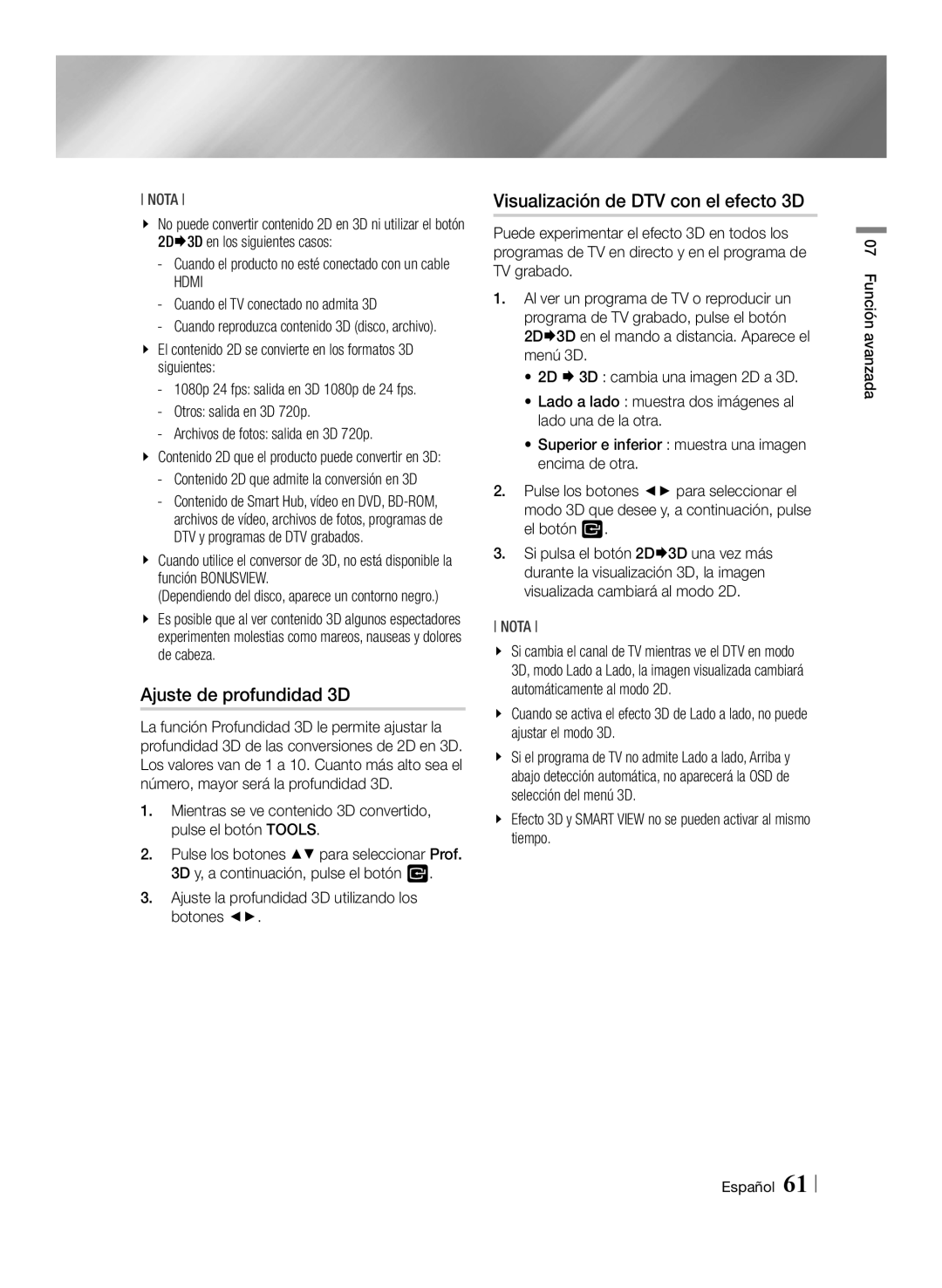 Samsung BD-E8300/ZF manual Ajuste de profundidad 3D, Visualización de DTV con el efecto 3D, 2D3D en los siguientes casos 