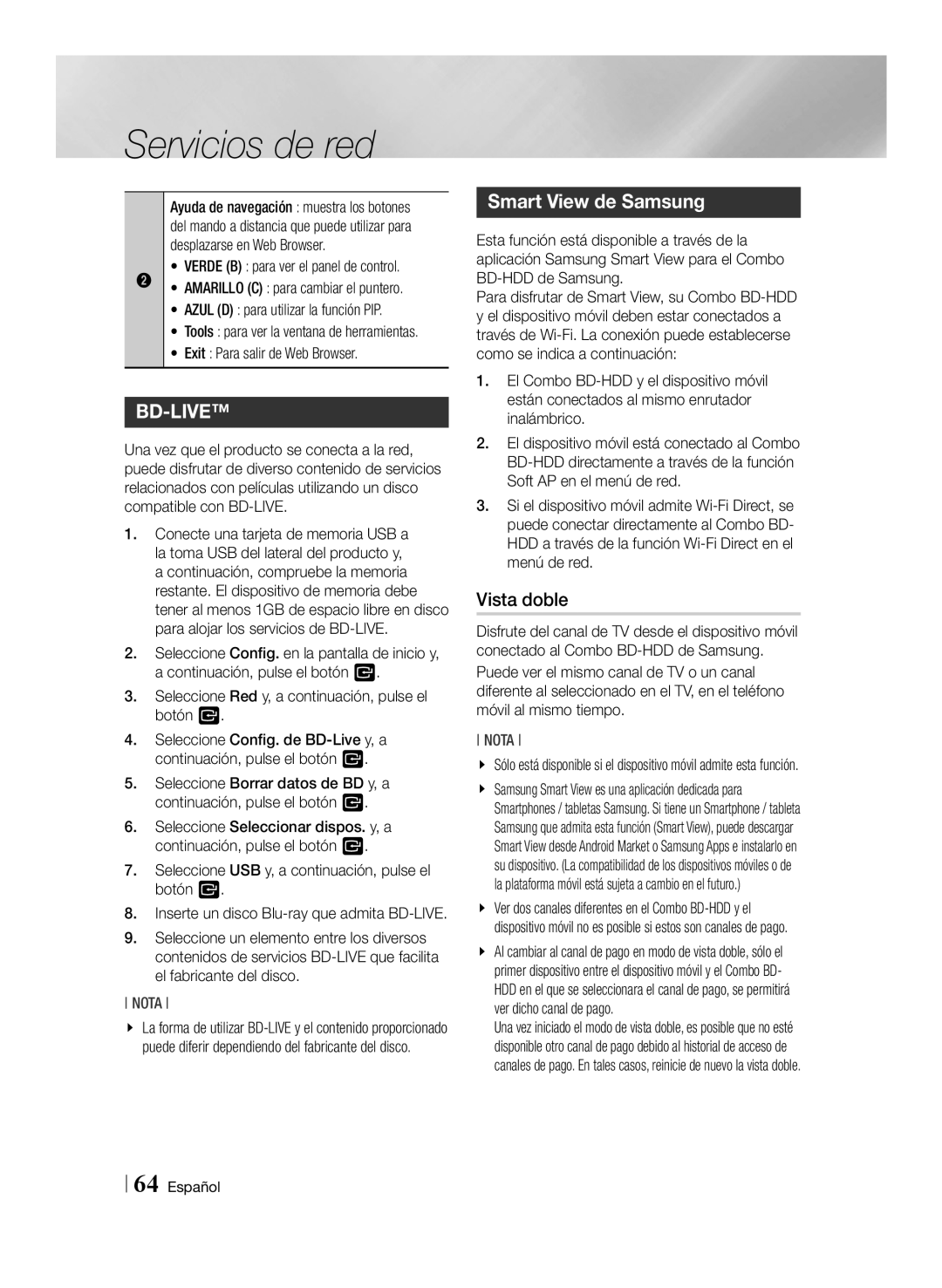 Samsung BD-E8500/ZF, BD-E8300/EN, BD-E8900/ZF manual Smart View de Samsung, Vista doble, Verde B para ver el panel de control 