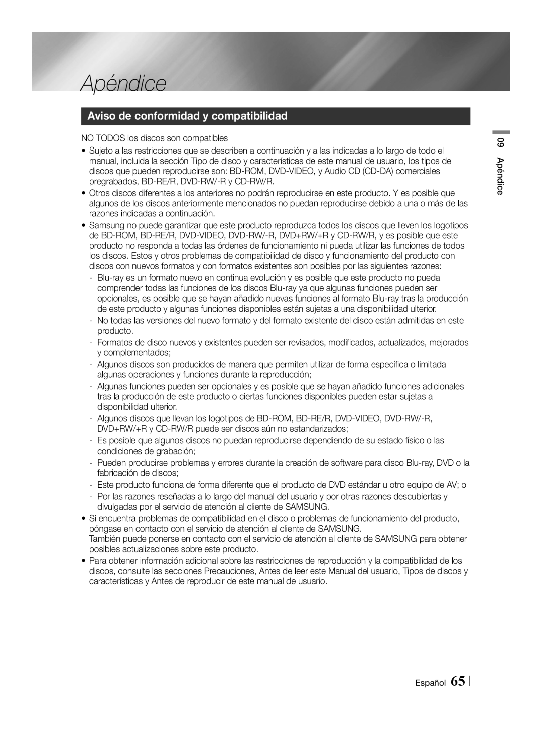 Samsung BD-E8300/ZF, BD-E8300/EN, BD-E8900/ZF, BD-E8500/ZF manual Apéndice, Aviso de conformidad y compatibilidad 