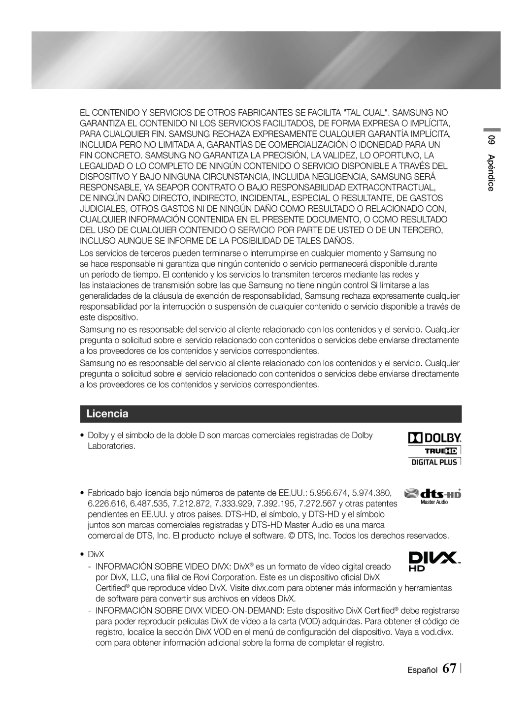 Samsung BD-E8900/ZF, BD-E8300/EN, BD-E8500/ZF, BD-E8300/ZF manual Licencia, 09 Apéndice Español 