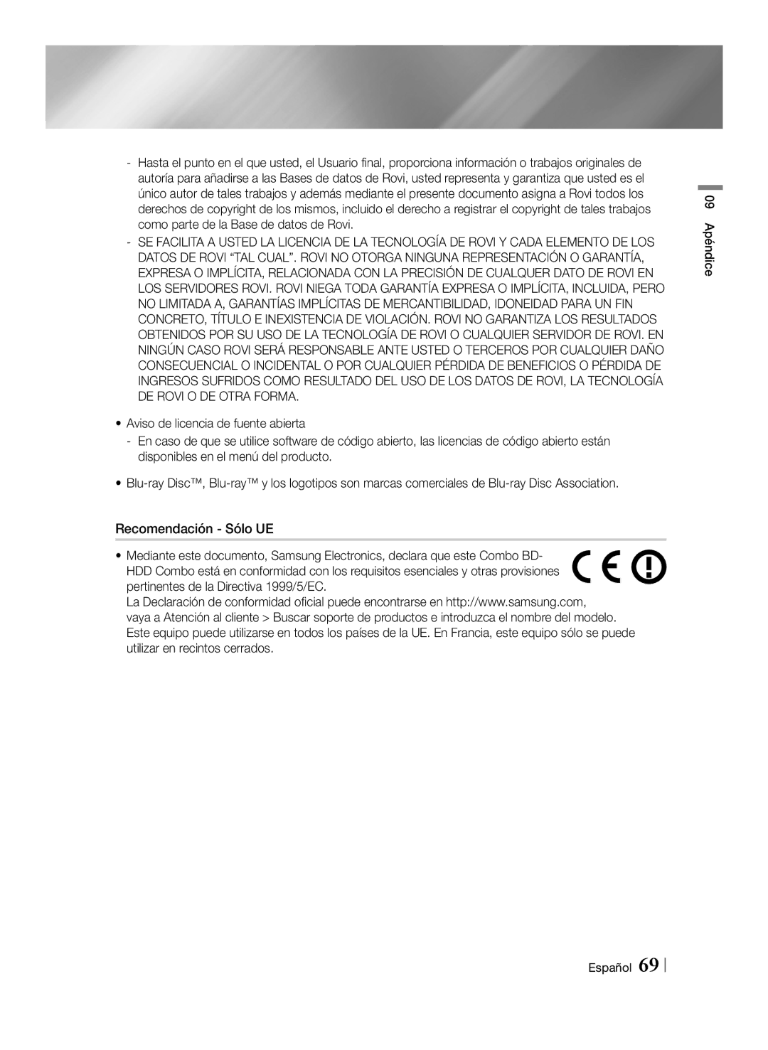 Samsung BD-E8300/ZF, BD-E8300/EN, BD-E8900/ZF, BD-E8500/ZF manual 09 Apéndice Español 