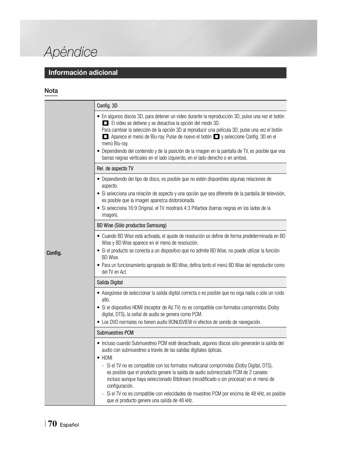 Samsung BD-E8300/EN, BD-E8900/ZF, BD-E8500/ZF, BD-E8300/ZF manual Información adicional, Config Config D, Submuestreo PCM 