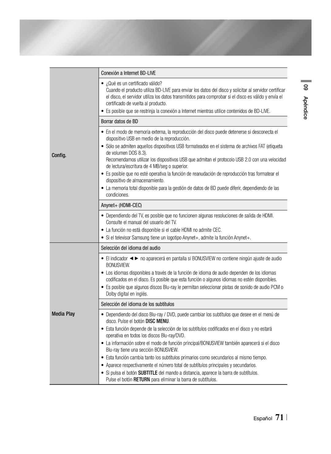 Samsung BD-E8900/ZF Conexión a Internet BD-LIVE ¿Qué es un certificado válido?, Borrar datos de BD, Config De volumen DOS 