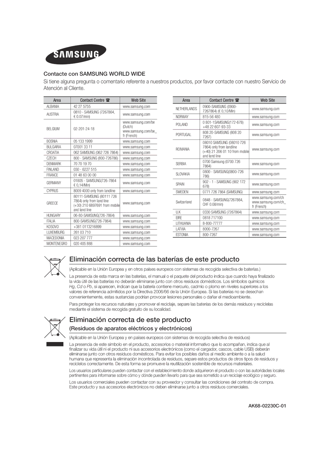 Samsung BD-E8300/ZF, BD-E8300/EN, BD-E8900/ZF, BD-E8500/ZF manual Eliminación correcta de las baterías de este producto, Area 