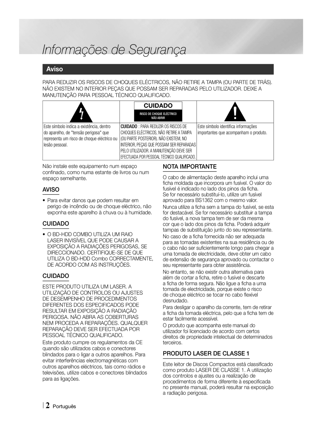 Samsung BD-E8900/ZF, BD-E8300/EN, BD-E8500/ZF, BD-E8300/ZF manual Informações de Segurança, Aviso 