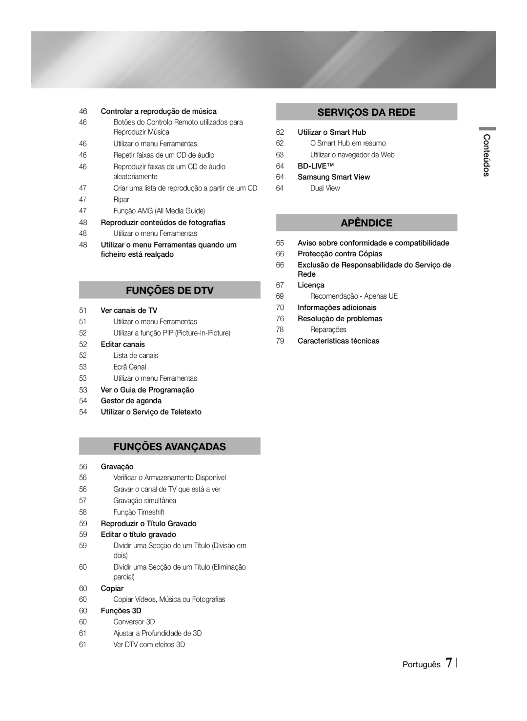 Samsung BD-E8500/ZF, BD-E8300/EN, BD-E8900/ZF, BD-E8300/ZF manual Conteúdos Português 