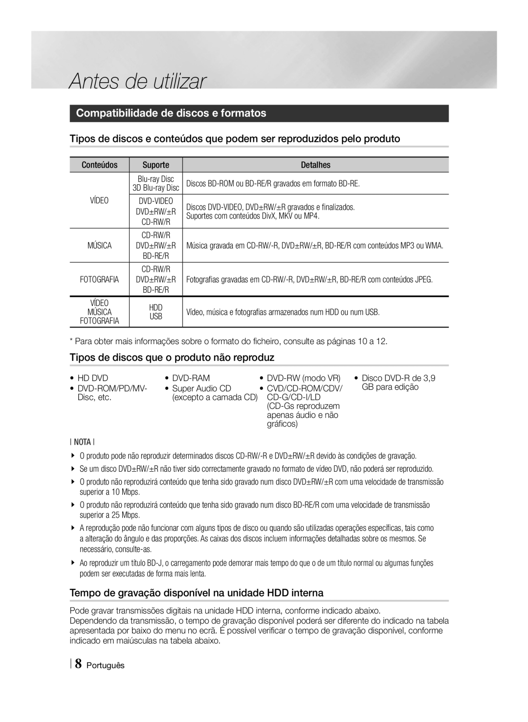 Samsung BD-E8300/ZF Antes de utilizar, Compatibilidade de discos e formatos, Tipos de discos que o produto não reproduz 