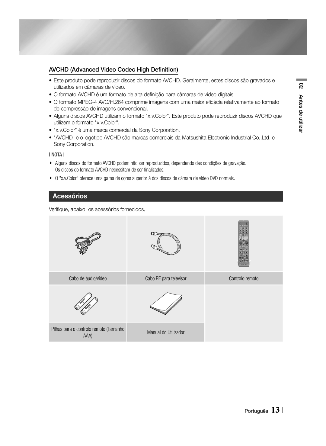 Samsung BD-E8300/EN Acessórios, Verifique, abaixo, os acessórios fornecidos, Cabo de áudio/vídeo Cabo RF para televisor 