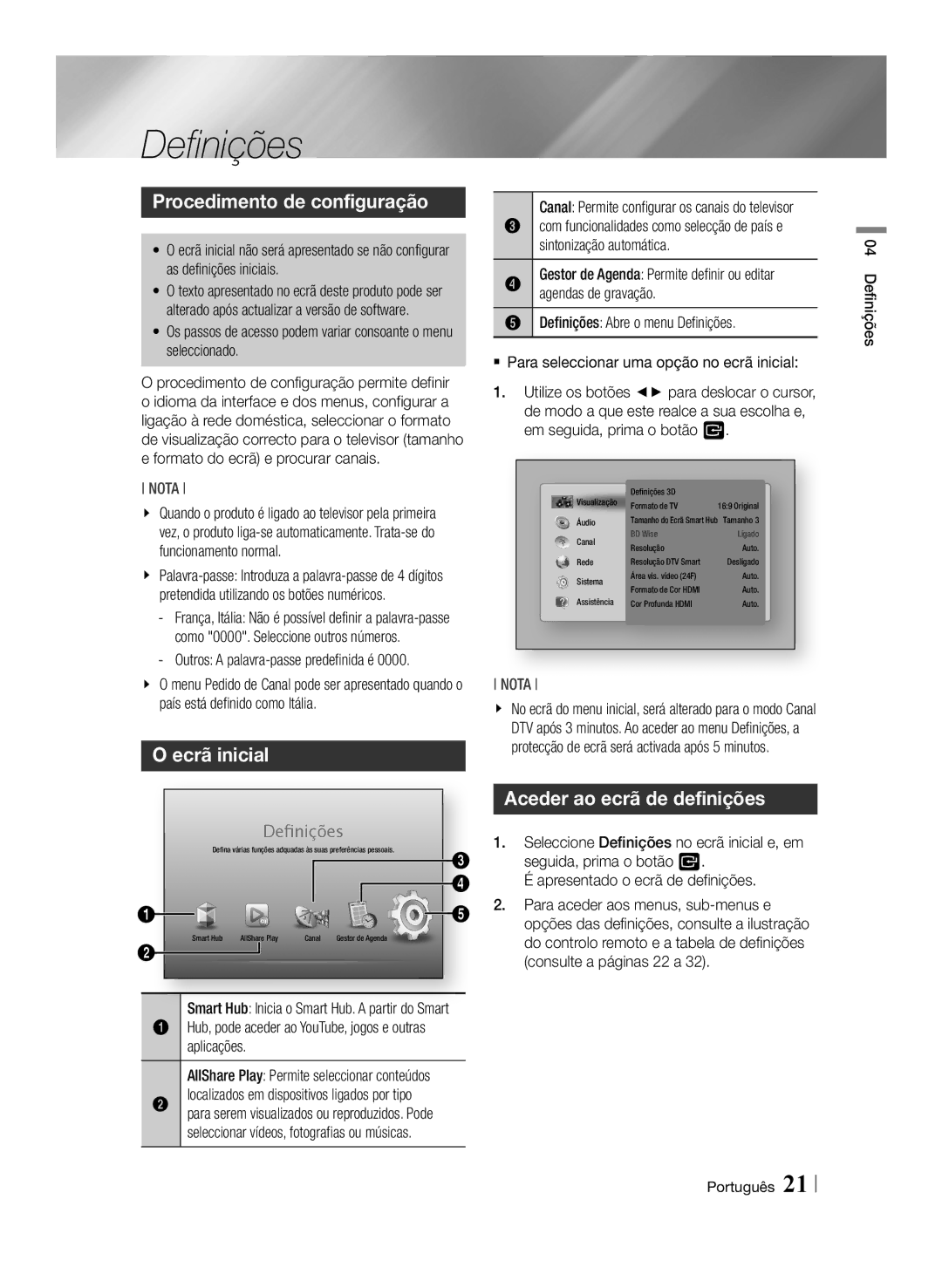 Samsung BD-E8300/EN, BD-E8900/ZF manual Definições, Procedimento de configuração, Ecrã inicial, Aceder ao ecrã de definições 