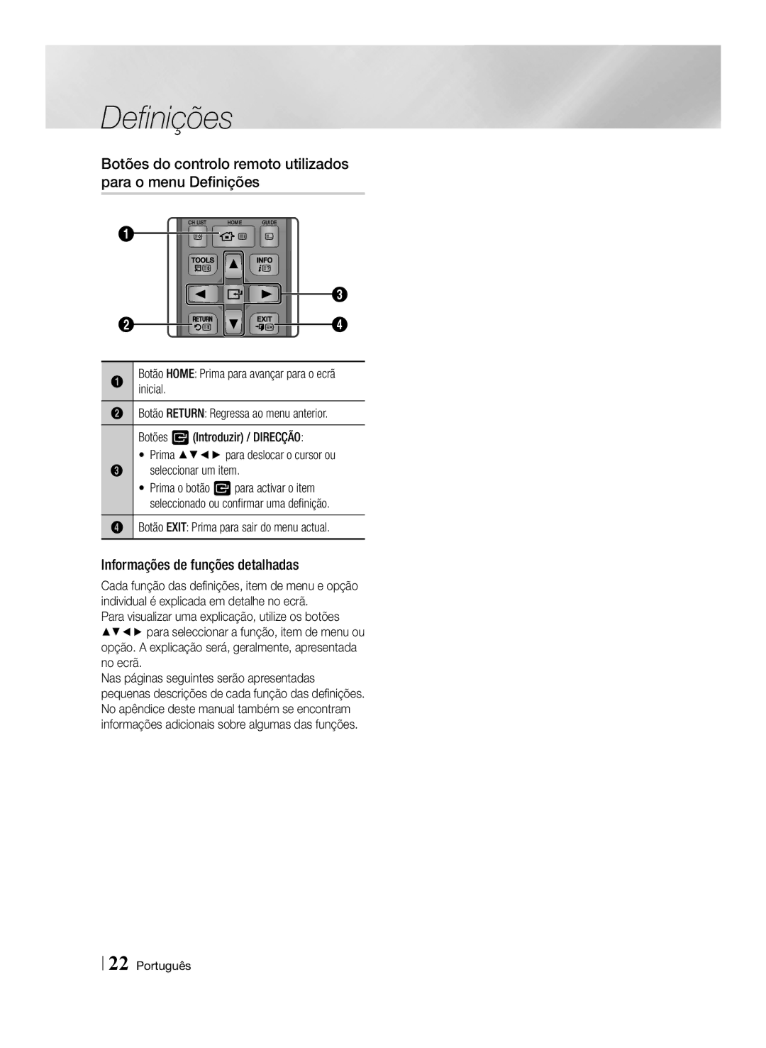 Samsung BD-E8900/ZF manual Botões do controlo remoto utilizados para o menu Definições, Informações de funções detalhadas 