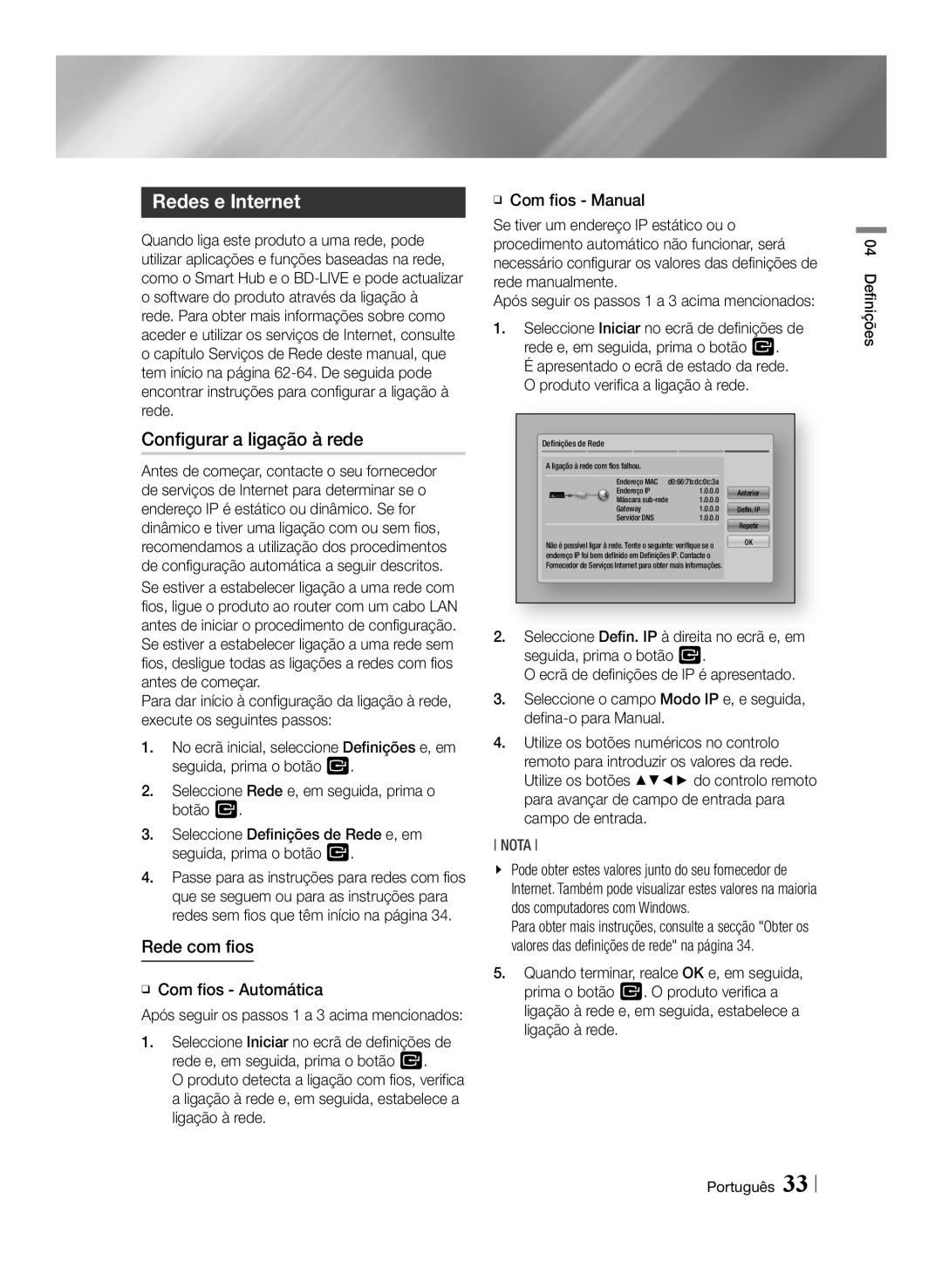 Samsung BD-E8300/EN, BD-E8900/ZF, BD-E8500/ZF manual Configurar a ligação à rede, Rede com fios, ĞĞ Com fios Automática 