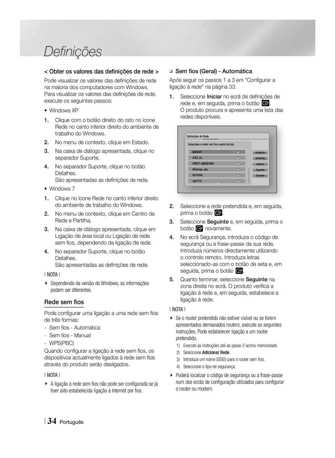 Samsung BD-E8900/ZF, BD-E8300/EN manual Obter os valores das definições de rede, Rede sem fios, ĞĞ Sem fios Geral Automática 