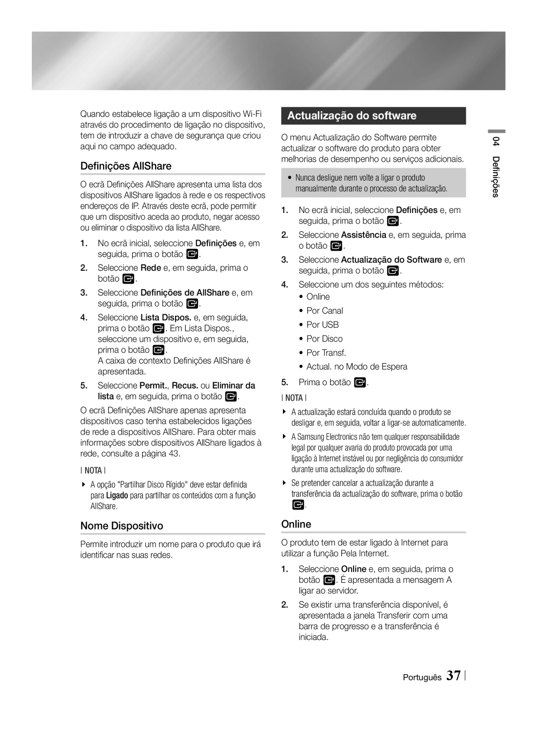 Samsung BD-E8300/EN, BD-E8900/ZF, BD-E8500/ZF, BD-E8300/ZF manual Definições AllShare, Actualização do software, Online 