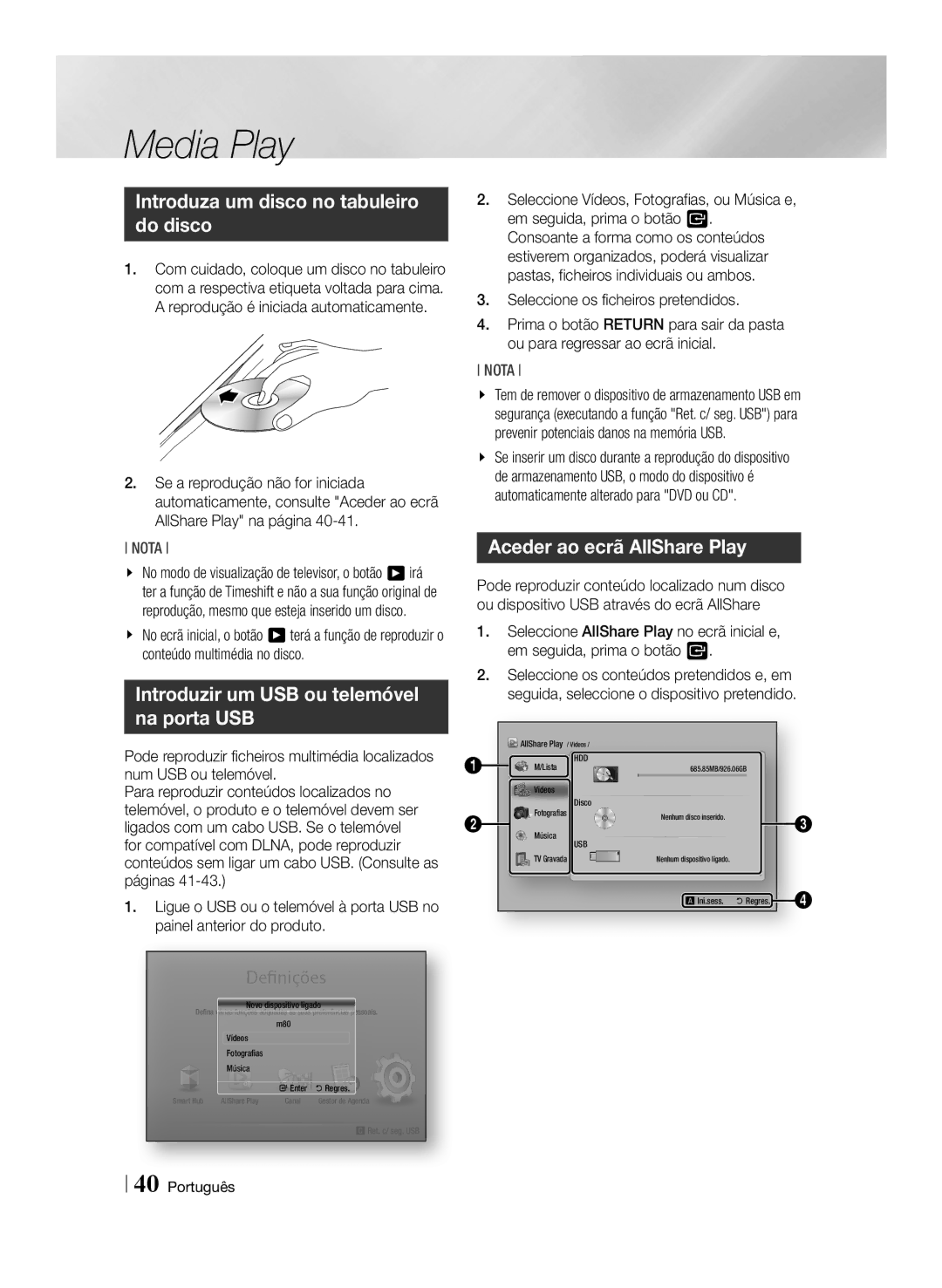 Samsung BD-E8300/ZF, BD-E8300/EN Introduza um disco no tabuleiro do disco, Introduzir um USB ou telemóvel na porta USB 