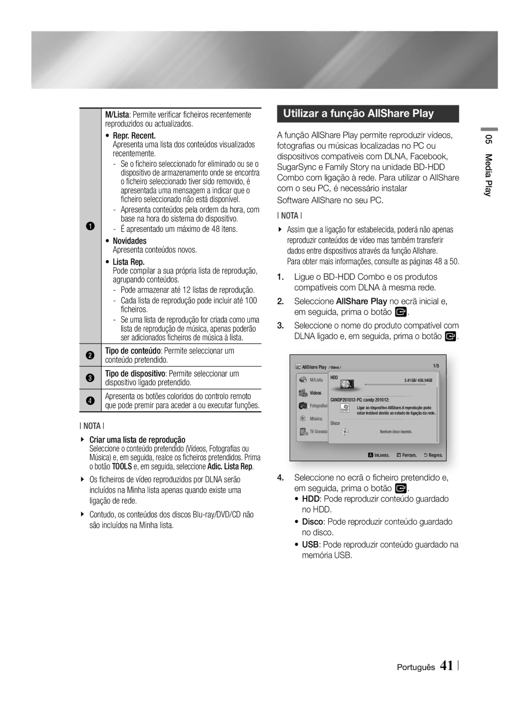 Samsung BD-E8300/EN, BD-E8900/ZF, BD-E8500/ZF, BD-E8300/ZF manual Utilizar a função AllShare Play 