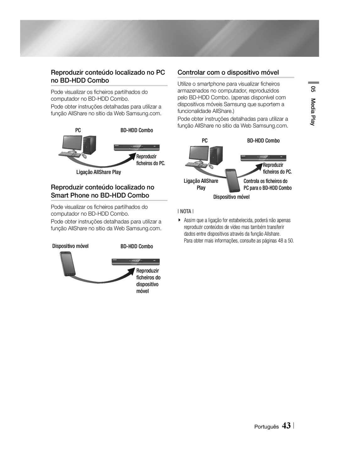 Samsung BD-E8500/ZF, BD-E8300/EN Reproduzir conteúdo localizado no PC no BD-HDD Combo, Controlar com o dispositivo móvel 