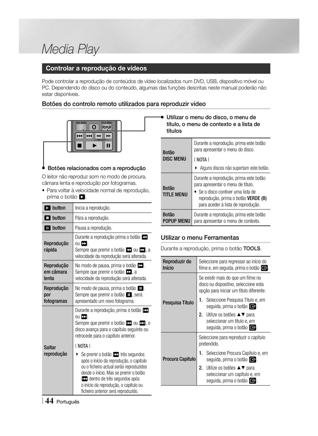 Samsung BD-E8300/ZF manual Controlar a reprodução de vídeos, Botões do controlo remoto utilizados para reproduzir vídeo 