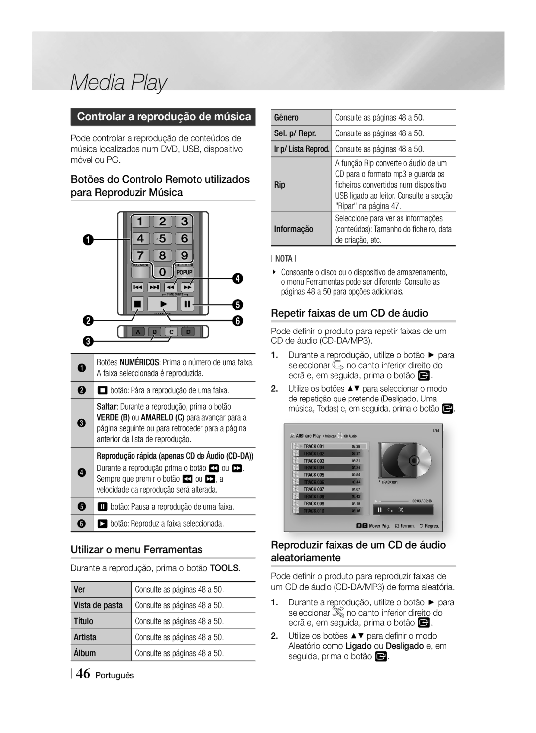 Samsung BD-E8900/ZF manual Controlar a reprodução de música, Botões do Controlo Remoto utilizados para Reproduzir Música 