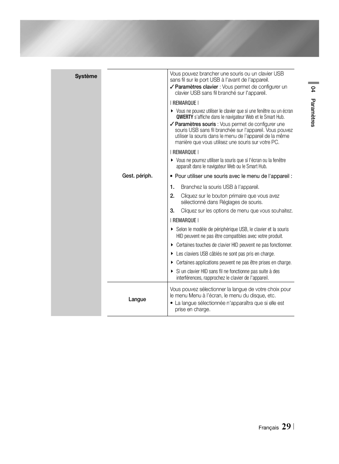 Samsung BD-E8900/ZF manual Sans fil sur le port USB à lavant de lappareil, Clavier USB sans fil branché sur lappareil 