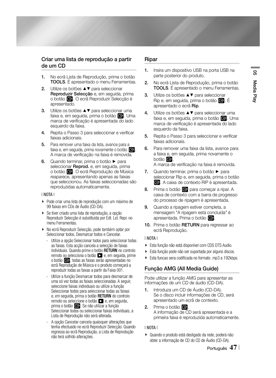 Samsung BD-E8500/ZF, BD-E8300/EN manual Criar uma lista de reprodução a partir de um CD, Ripar, Função AMG All Media Guide 