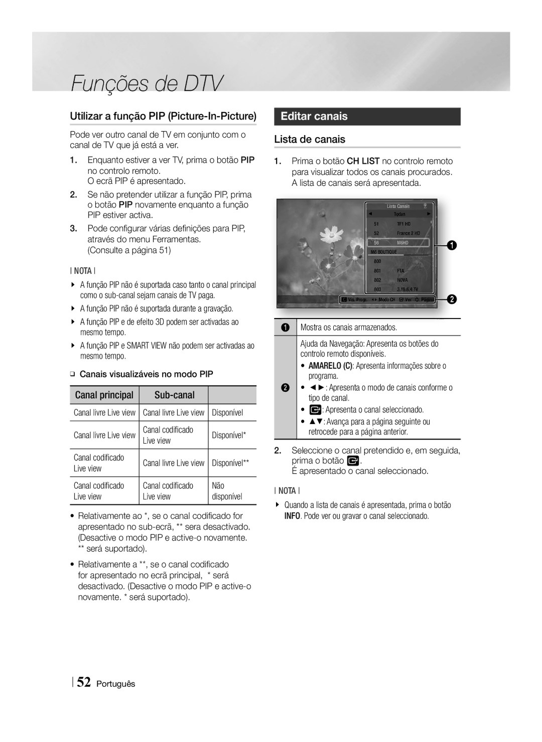 Samsung BD-E8300/ZF, BD-E8300/EN manual Utilizar a função PIP Picture-In-Picture, Editar canais, Lista de canais, Sub-canal 