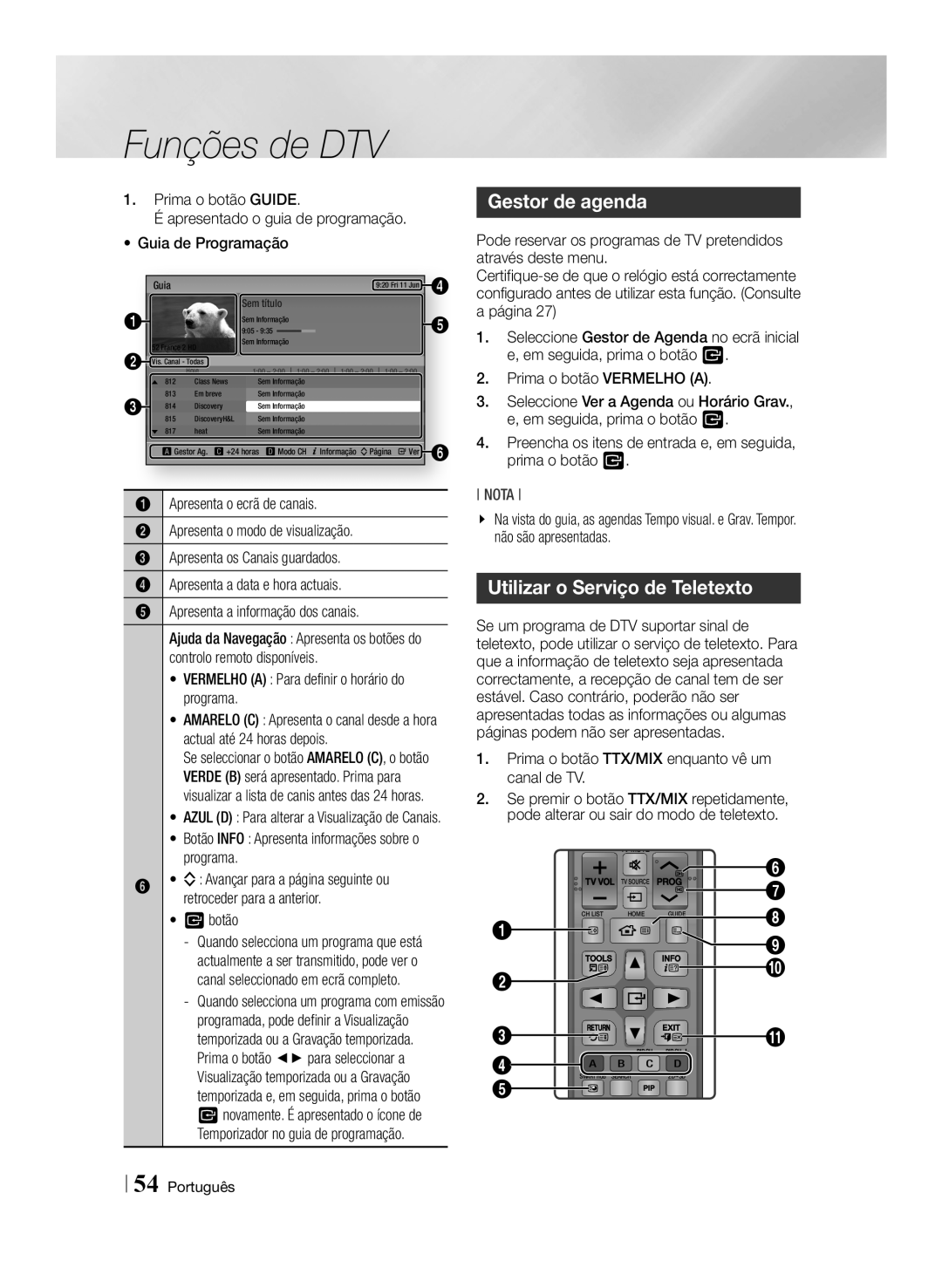 Samsung BD-E8900/ZF manual Gestor de agenda, Utilizar o Serviço de Teletexto, Vermelho a Para definir o horário do programa 