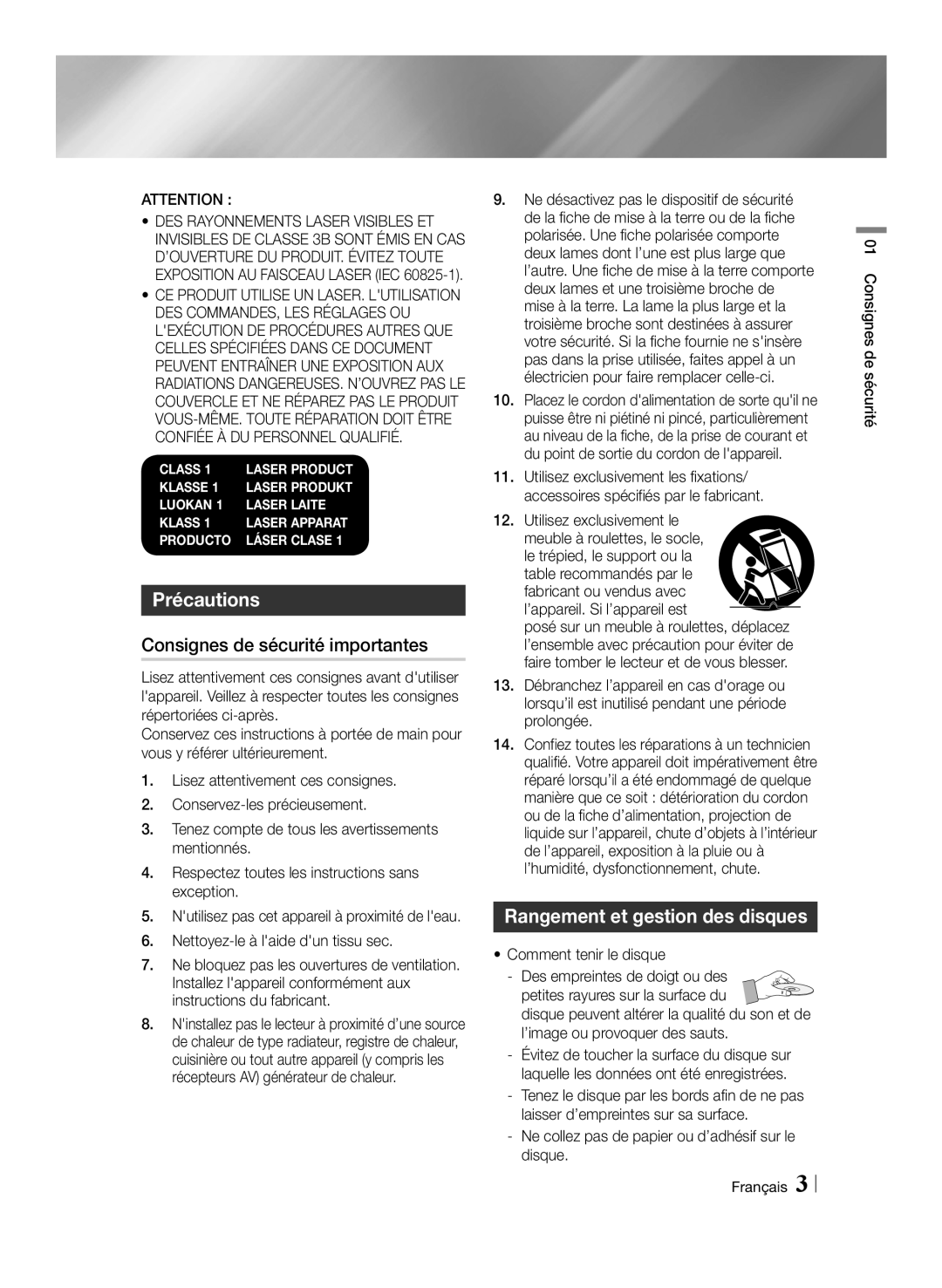 Samsung BD-E8300/ZF, BD-E8300/EN manual Précautions, Consignes de sécurité importantes, Rangement et gestion des disques 