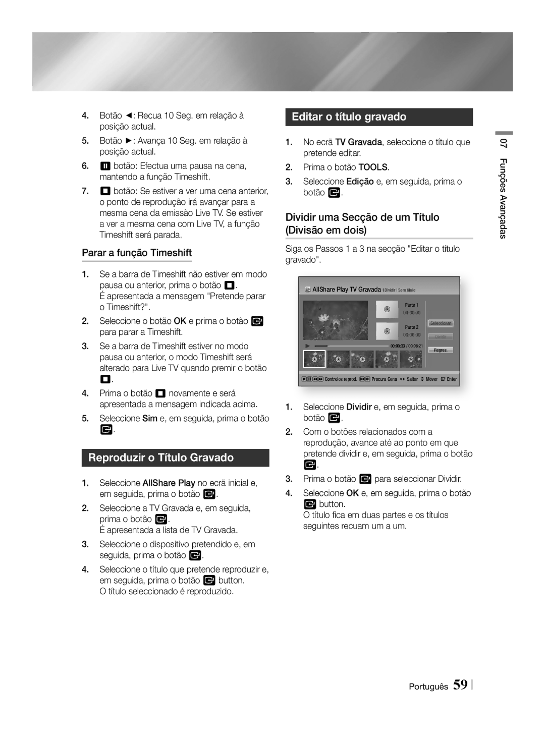 Samsung BD-E8500/ZF Reproduzir o Título Gravado, Editar o título gravado, Dividir uma Secção de um Título Divisão em dois 