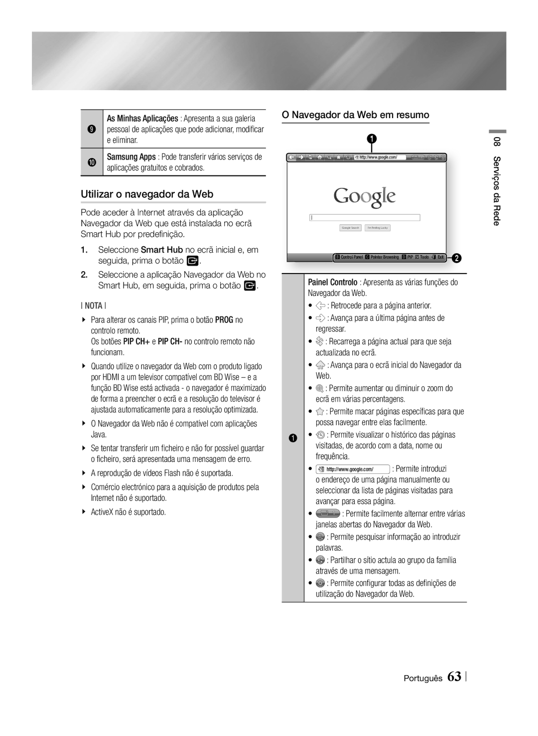 Samsung BD-E8500/ZF, BD-E8300/EN, BD-E8900/ZF, BD-E8300/ZF manual Utilizar o navegador da Web, Navegador da Web em resumo 