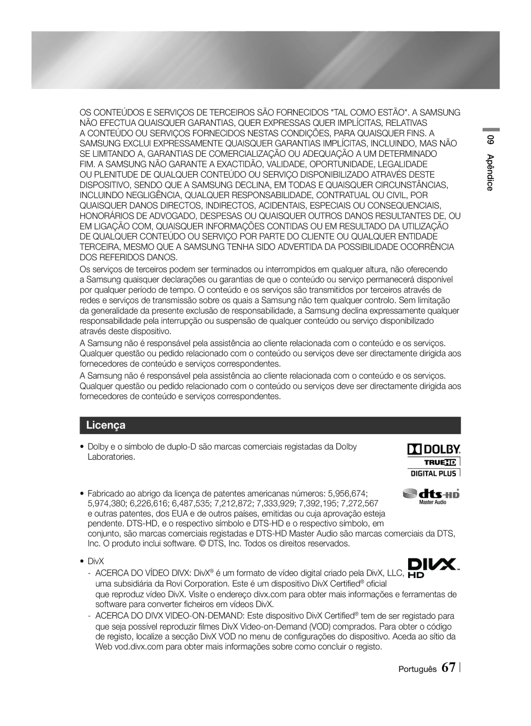 Samsung BD-E8500/ZF, BD-E8300/EN, BD-E8900/ZF, BD-E8300/ZF manual Licença 