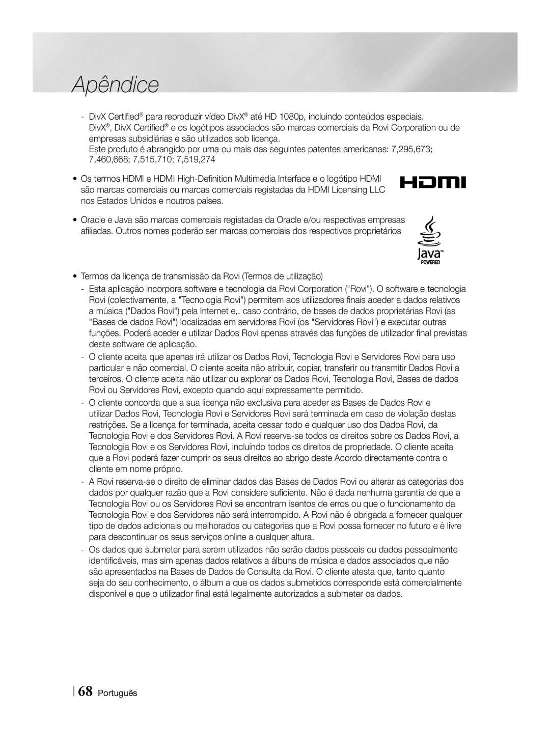 Samsung BD-E8300/ZF, BD-E8300/EN, BD-E8900/ZF, BD-E8500/ZF manual Apêndice 